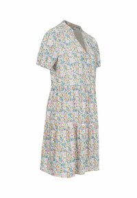 Robe florale à manches courtes, col en v, design à volants, couleurs pastel incluant le rose, le jaune et le bleu, fabriquée en tissu léger.