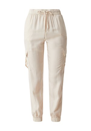 Pantaloni cargo leggeri beige con vita elastica e cordoncino. Presentano tasche laterali e polsini affusolati. Tessuto morbido.