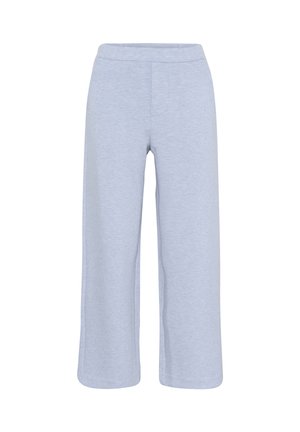 Svetlo modre široke hlače iz mehkega blaga. Imajo elastičen pas in dva stranska žepa. Gladek tekstura s sproščenim dizajnom.