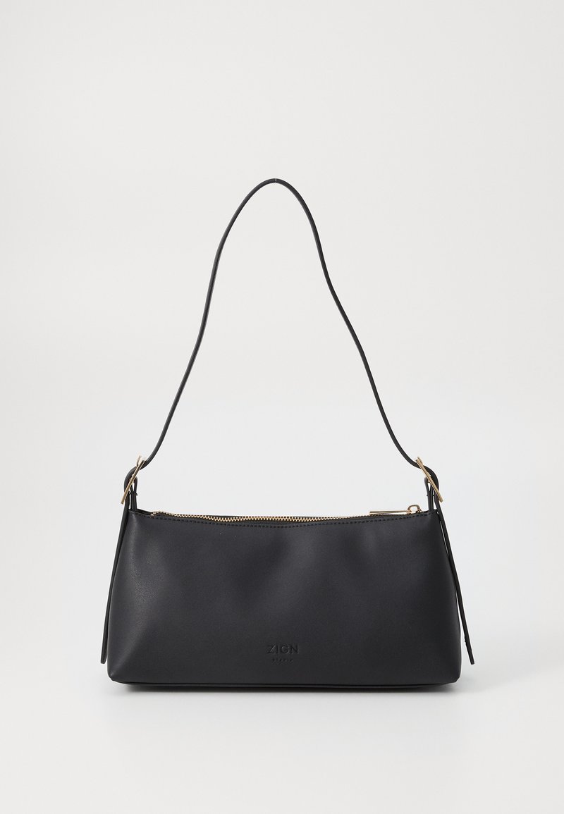 Black shoulder bag in smooth leather with a zip closure, a single strap, and a gold-tone zipper accent. Features a subtle embossed logo.