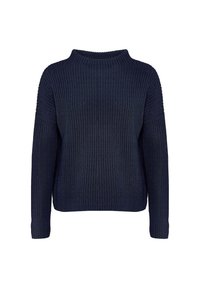 Granatowy dziany sweter z wysokim kołnierzem, długimi rękawami i luźnym krojem. Teksturowana tkanina dodaje designowi głębi.