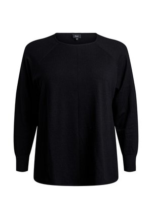 Zwarte langslavensweater met een ronde halslijn, gemaakt van zachte stof. Heeft raglanmouwen en een losse pasvorm. Eenvoudig, effen kleurontwerp.