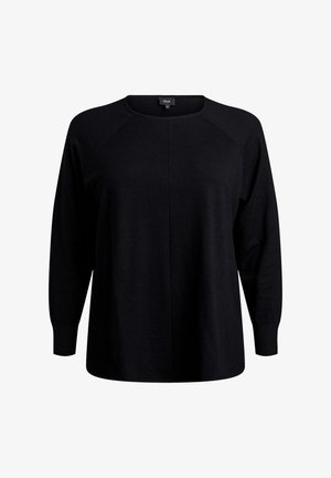 Juodas ilgarankovis megztinis su apvalia iškirpte, pagamintas iš minkštos medžiagos. Turi raglan tipo rankoves ir laisvą siluetą. Paprastas, vienos spalvos dizainas.