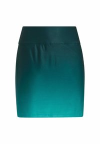Mini spódnica z satyny w kolorze morskim o gładkiej fakturze, z dopasowanym pasem i gradientowym wzorem przechodzącym w ciemniejszy odcień.