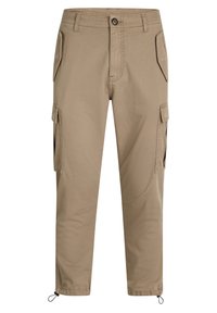Khaki kapsáčové kalhoty se rovnýcm střihem, několika bočními kapsami, zapínáním na knoflík a nastavitelnými šňůrkami na kotnících.