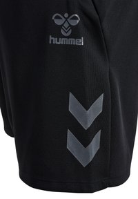 Schwarze Sportshorts aus weichem Stoff mit einem grauen Logo auf der Vorderseite und zwei grauen Chevron-Mustern an der Seite.