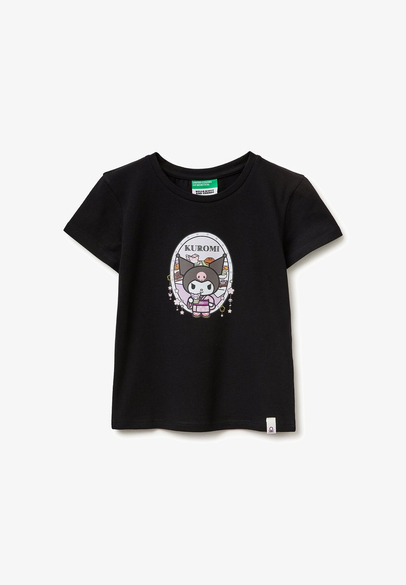 Black short-sleeve t-shirt with a Kuromi cartoon character holding a pink cup inside an oval frame with sweets and "KUROMI" text above.