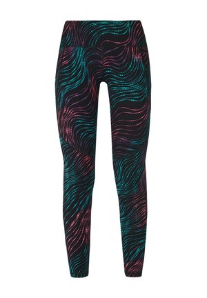Zwarte leggings met een wervelend patroon van turquoise en roze stippen. Gemaakt van rekbaar materiaal, ontworpen voor actieve kleding.