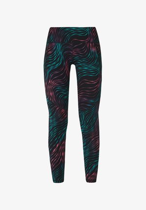 Zwarte leggings met een wervelend patroon van turquoise en roze stippen. Gemaakt van rekbaar materiaal, ontworpen voor actieve kleding.