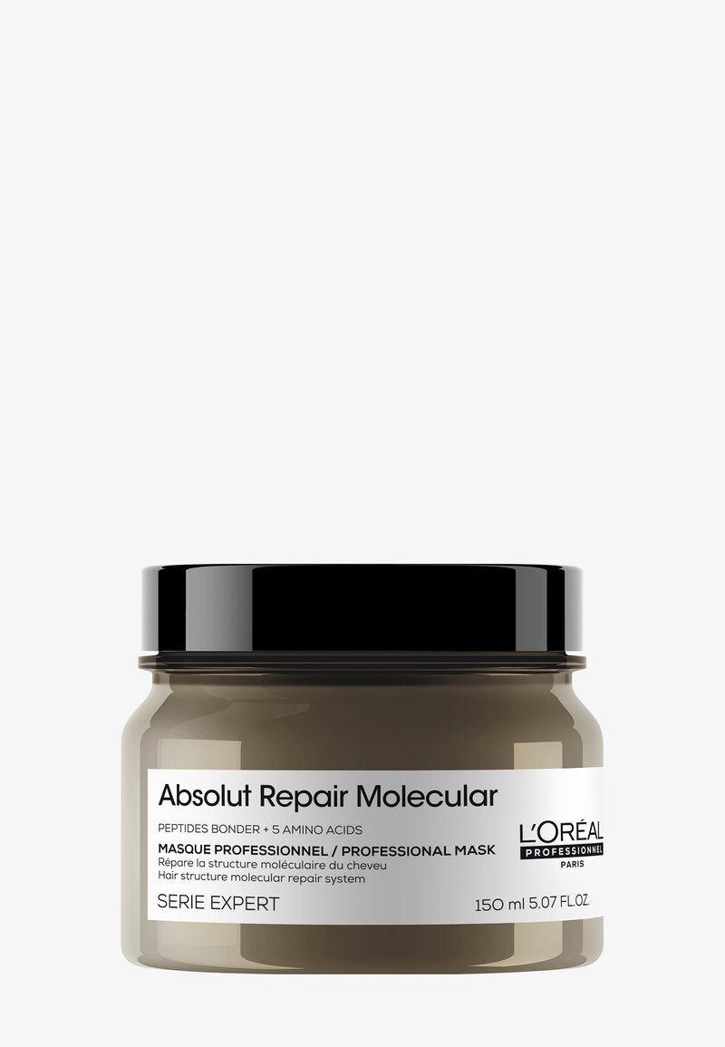 Brązowy słoik ze szkła z czarną pokrywką, oznakowany "Absolut Repair Molecular." Zawiera 150 ml profesjonalnej maski do włosów, podkreślając kluczowe składniki.
