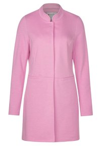 Vaaleanpunainen pitkähihaisessa takissa on mandariinikaulus, suora leikkaus, kaksi sivutaskua ja teksturoitu kangaspinta.