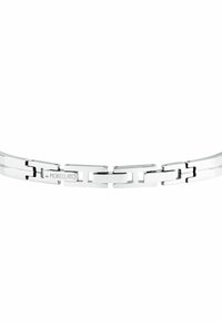 Bracciale in metallo argento con anelli rettangolari intrecciati, caratterizzato da una finitura liscia. Il logo inciso di Morellato appare su un anello.