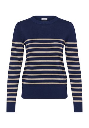 Mornarskoplava majica s kremasto horizontalnim prugama. Ima okrugli izrez, duge rukave i rebrasti rub. Izrađena od laganog pletenog materijala.