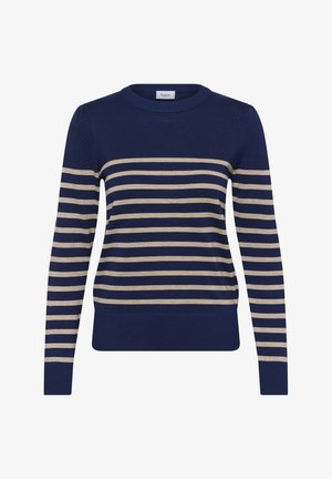 Tumši zilā džemperis ar krēmkrāsas horizontālām svītrām. Tam ir apaļa kakla izgriezums, garas piedurknes un ribota apakšmala. Izgatavots no viegla, adīta materiāla.