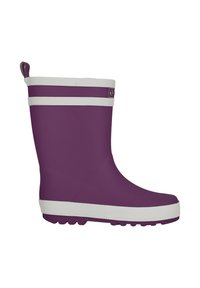Violetti kumiset sateenkenkä valkoisilla vaaka-aitoilla, pyöreällä varpaalla ja teksturoidulla pohjalla, joka antaa pitoa. Varustettu vetotaskulla, joka helpottaa pukemista.