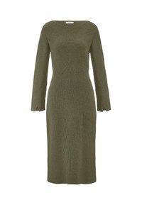 Olivengrünes, langärmliges, geripptes Strickkleid mit Rundhalsausschnitt, tailliertem Oberteil und dezenten Seitenschlitzen an den Ärmeln. Knielange.