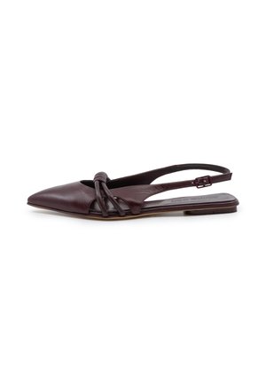 Scarpa bassa slingback in pelle marrone scuro con punta a punta, dettaglio di cinturino annodato e fibbia regolabile su sfondo bianco.