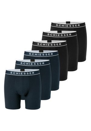 Seis pares de bóxers negros y azul oscuro con cintura blanca, cada uno con la marca "SCHIESSER" en letras blancas.