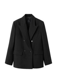 Czarna dwurzędowa marynarka z ostrymi klapami, dwoma przednimi kieszeniami i dopasowanym krojem. Wykonana z gładkiej tkaniny o matowym wykończeniu.