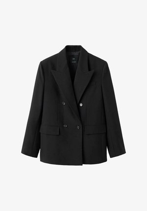 Blazer noir à double boutonnage avec des revers nets, deux poches avant et une coupe structurée. Confectionné en tissu lisse à finition mate.