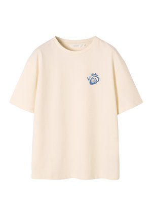 Crèmekleurig T-shirt met korte mouwen, ronde hals en kleine blauwe tekst "Le Bistro" en oesterschelp-afbeelding op de linkerborst.