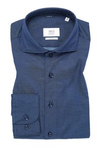 Slim fit, button-up shirt in dark blue fabric. Features a standard collar, long cuffed sleeves, and five button closures.