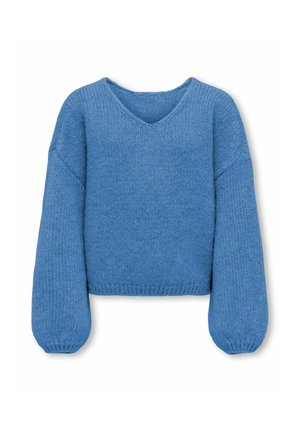 Pull en maille bleu à manches longues avec col en V et manches légèrement bouffantes, présenté sur fond blanc.