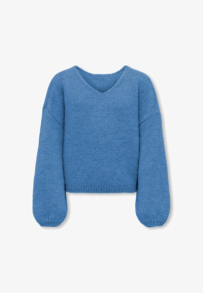 Pull en maille bleu à manches longues avec col en V et manches légèrement bouffantes, présenté sur fond blanc.