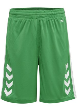 Grüne Sportshorts aus leichtem Stoff, mit weißen Chevron-Akzenten an den Seiten und einem elastischen Bund für zusätzlichen Komfort.