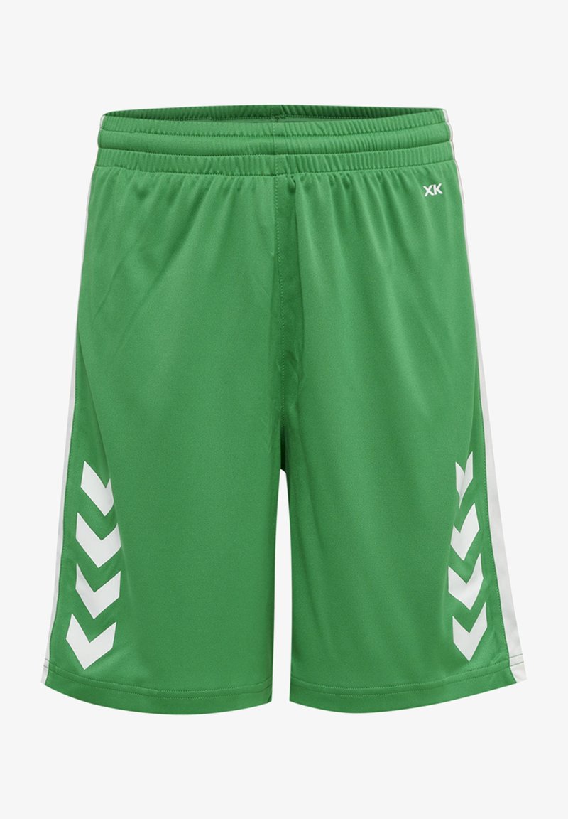 Grüne Sportshorts aus leichtem Stoff, mit weißen Chevron-Akzenten an den Seiten und einem elastischen Bund für zusätzlichen Komfort.