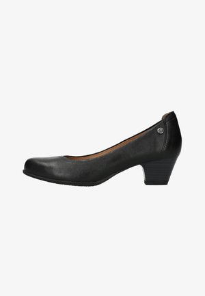 Black leather pump with a rounded toe and a low block heel. Features a smooth texture and a decorative silver logo accent on the side.