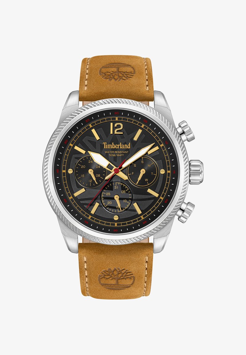 Orologio cronografo al quarzo con quadrante nero, accenti dorati e cassa in acciaio inossidabile argentato. Caratteristiche includono cinturino in pelle marrone e marcatura di resistenza all'acqua.