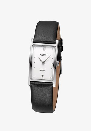 Montre rectangulaire argentée avec cadran blanc, bracelet en cuir noir, chiffres romains à 12 et 6, et deux aiguilles argentées indiquant 10h10.