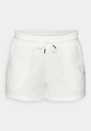 White cotton shorts featuring an elastic waistband, drawstring with metal aglets, and two side pockets with a soft texture.