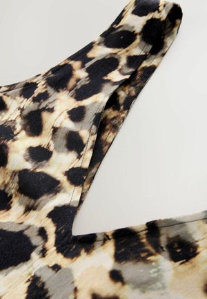 Leopardenmusterstoff mit einer weichen, glatten Textur, in einer Schwarz- und Beigetönung. Das Design weist unregelmäßige Flecken und einen breiten Riemen auf.