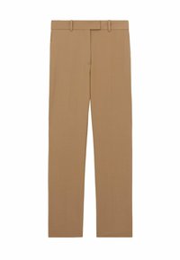 Pantaloni eleganți bej cu croială dreaptă, cu bucle pentru curea și închidere frontală ascunsă, expuși pe un fundal alb.