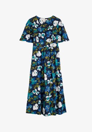 Vestido maxi floral en azul marino con flores blancas y verdes. Mangas cortas, escote en V, cintura fruncida y falda fluida. Tejido de mezcla de algodón.