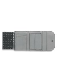Gray leather wallet featuring multiple card slots, a transparent ID pocket, and a textured black inner lining with a subtle pattern.