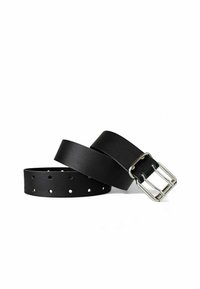 Black leather belt with a silver rectangular buckle, multiple evenly spaced holes along its length, coiled against a white background.