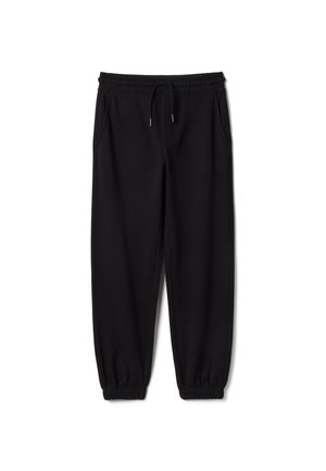 Pantalones jogger negros con cintura elástica, cordón ajustable, bolsillos laterales y puños elásticos, mostrados sobre un fondo blanco.