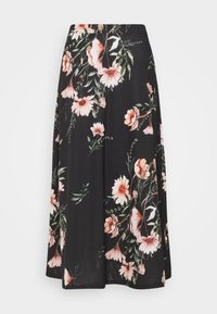 Černá květinová sukně s růžovými a bílými květy a zelenými listy. Vyrobena z lehké tkaniny, má splývavý design a délku do půlky lýtek.