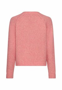 Różowy, dziany sweter o teksturowanym wykończeniu, z długimi rękawami raglanowymi i prostym dołem. Tył ma bezszwowy design.