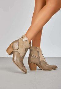 Bottines marron avec un éclat métallique, dotées d'une fermeture éclair sur le côté, de motifs western subtils et d'un talon empilé en bois.