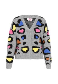 Cardigan grigio con scollo a V, caratterizzato da un motivo soffice di cuori colorati e macchie di leopardo in rosa, blu, giallo e nero. Chiusura con cinque bottoni.