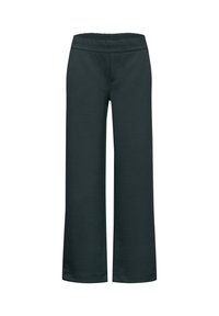 Pantaloni a gamba larga grigio scuro, realizzati in un tessuto morbido con una vita elastica. Senza tasche visibili, presentano un design semplice e lineare.