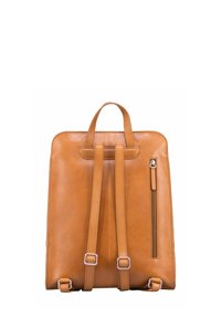 Sac à dos en cuir tan de forme rectangulaire, avec des bretelles latérales doubles, une poignée supérieure et une poche zippée sur un côté. Texture lisse avec des détails cousus.