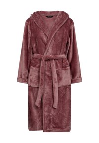Accappatoio in peluche, con cappuccio di colore malva, caratterizzato da maniche lunghe, una cintura e due tasche frontali per una maggiore funzionalità. Texture morbida e design caldo.