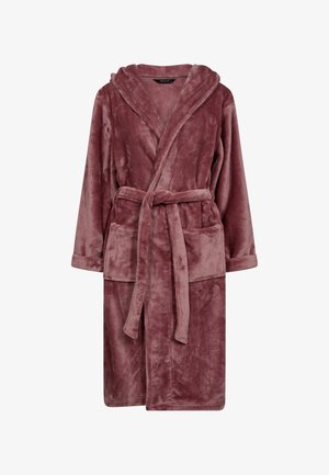 Bata de felpa con capucha en color malva, que presenta mangas largas, un cinturón y dos bolsillos frontales para mayor funcionalidad. Textura suave y diseño cálido.