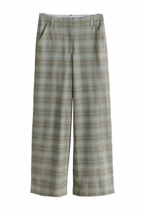 Wide-leg trousers in a light gray fabric featuring a checkered pattern in blue and orange hues. Includes side pockets and a zip closure.