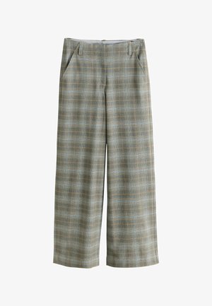 Wide-leg trousers in a light gray fabric featuring a checkered pattern in blue and orange hues. Includes side pockets and a zip closure.